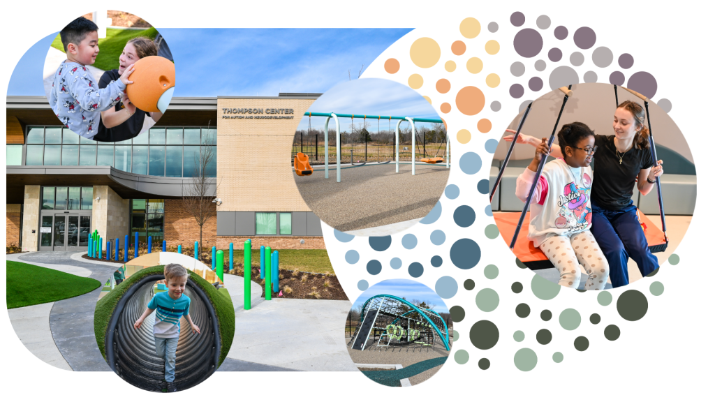 An exterior view of the new Thompson Center for Autism and Neurodevelopment, as well as smaller images of the Thompson Center playground and therapists working with patients.
