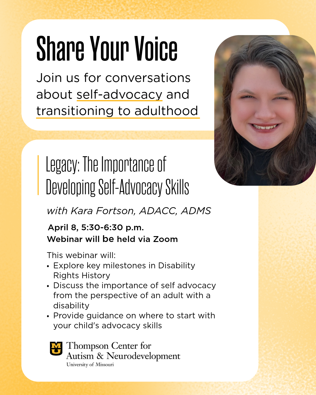 Graphic inviting you to attend a webinar with a presentation by Kara Fortson