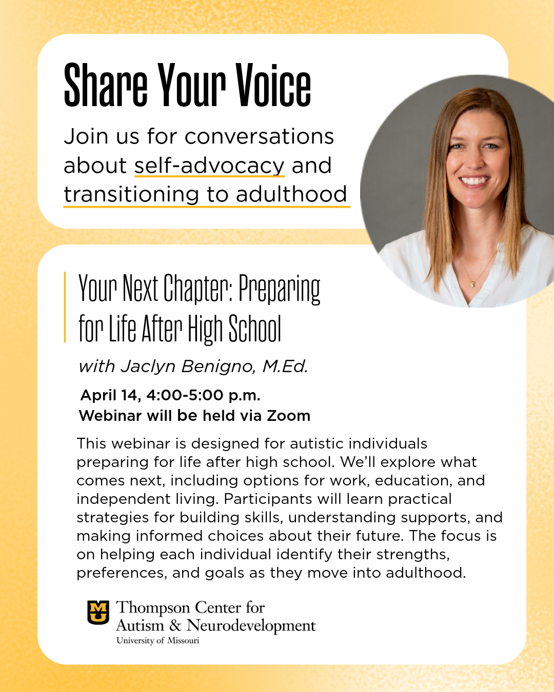 Graphic inviting you to attend a webinar with a presentation by Jaclyn Benigno