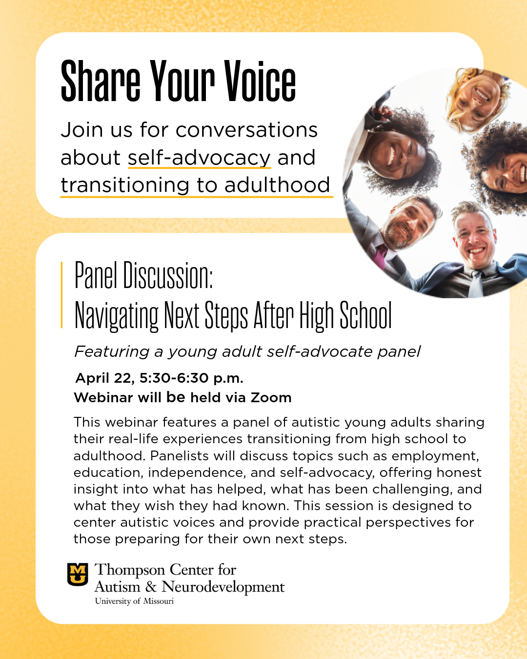 Graphic inviting you to attend a webinar that features a panel of young adult self-advocates